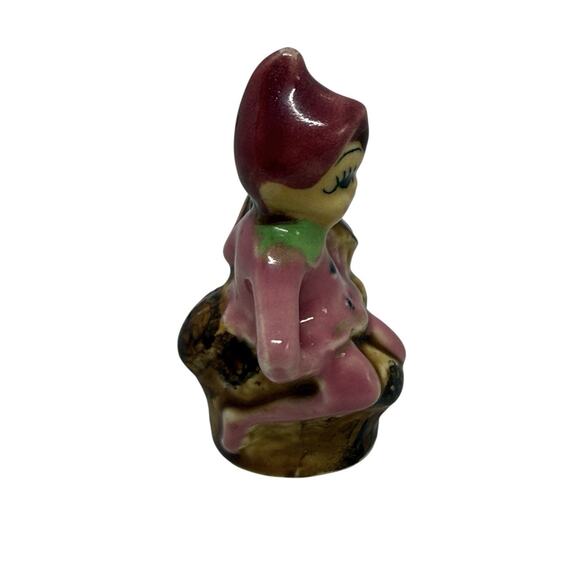 Vintage Pink Pixie Elf Salt Shaker Japan On Brown Tree Trunk Ceramic 1950’s - Picture 4 of 11